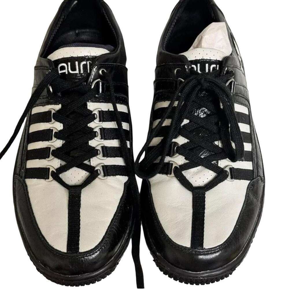 Auri Mens Black White Leather Low Top Sneakers Lace Up Striped Athletic Shoes